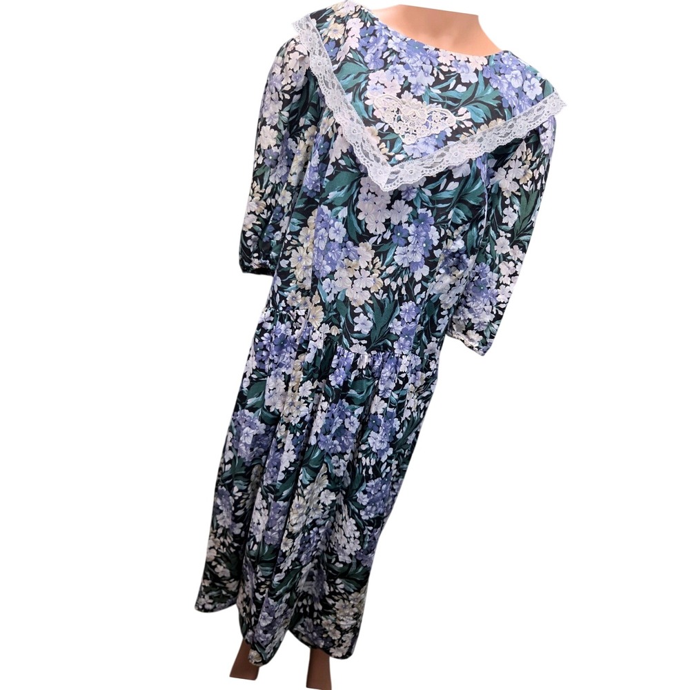 Lady Dorby Floral Midi Dress Women XL Blue Green Lace Trim Vintage 90's Modest